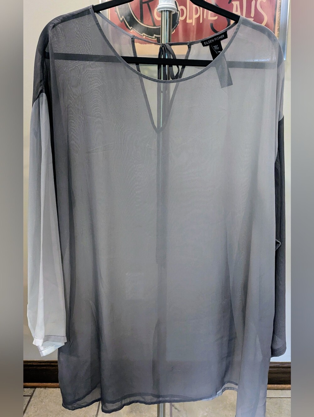 $50 Eileen Fisher Size L Silk Georgette Ombre Relaxed Tunic Blouse Gray Sheer